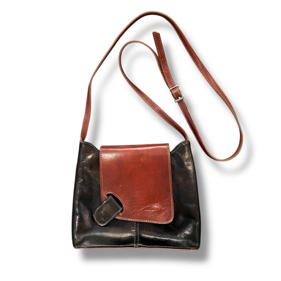 L’Artigiano Italian Leather Two Tone Brown/Cognac Crossbody Shoulder Bag